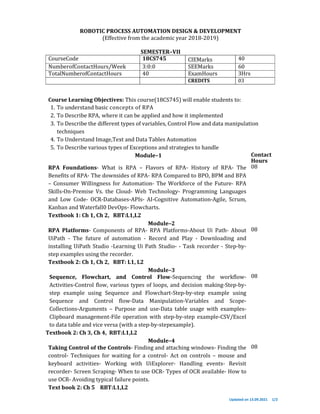 Updated on 13.09.2021 1/2
ROBOTIC PROCESS AUTOMATION DESIGN & DEVELOPMENT
(Effective from the academic year 2018-2019)
SEMESTER–VII
CourseCode 18CS745 CIEMarks 40
NumberofContactHours/Week 3:0:0 SEEMarks 60
TotalNumberofContactHours 40 ExamHours 3Hrs
CREDITS 03
Course Learning Objectives: This course(18CS745) will enable students to:
1. To understand basic concepts of RPA
2. To Describe RPA, where it can be applied and how it implemented
3. To Describe the different types of variables, Control Flow and data manipulation
techniques
4. To Understand Image,Text and Data Tables Automation
5. To Describe various types of Exceptions and strategies to handle
Module–1 Contact
Hours
RPA Foundations- What is RPA – Flavors of RPA- History of RPA- The
Benefits of RPA- The downsides of RPA- RPA Compared to BPO, BPM and BPA
– Consumer Willingness for Automation- The Workforce of the Future- RPA
Skills-On-Premise Vs. the Cloud- Web Technology- Programming Languages
and Low Code- OCR-Databases-APIs- AI-Cognitive Automation-Agile, Scrum,
Kanban and Waterfall0 DevOps- Flowcharts.
Textbook 1: Ch 1, Ch 2, RBT:L1,L2
08
Module–2
RPA Platforms- Components of RPA- RPA Platforms-About Ui Path- About
UiPath - The future of automation - Record and Play - Downloading and
installing UiPath Studio -Learning Ui Path Studio- - Task recorder - Step-by-
step examples using the recorder.
Textbook 2: Ch 1, Ch 2, RBT: L1, L2
08
Module–3
Sequence, Flowchart, and Control Flow-Sequencing the workflow-
Activities-Control flow, various types of loops, and decision making-Step-by-
step example using Sequence and Flowchart-Step-by-step example using
Sequence and Control flow-Data Manipulation-Variables and Scope-
Collections-Arguments – Purpose and use-Data table usage with examples-
Clipboard management-File operation with step-by-step example-CSV/Excel
to data table and vice versa (with a step-by-stepexample).
Textbook 2: Ch 3, Ch 4, RBT:L1,L2
08
Module–4
Taking Control of the Controls- Finding and attaching windows- Finding the
control- Techniques for waiting for a control- Act on controls – mouse and
keyboard activities- Working with UiExplorer- Handling events- Revisit
recorder- Screen Scraping- When to use OCR- Types of OCR available- How to
use OCR- Avoiding typical failure points.
Text book 2: Ch 5 RBT:L1,L2
08
 