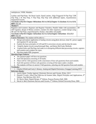 multiplexers, VHDL Modules.
Latches and Flip-Flops: Set Reset Latch, Gated Latches, Edge-Triggered D Flip Flop 3,SR
Flip Flop, J K Flip Flop, T Flip Flop, Flip Flop with additional inputs, Asynchronous
Sequential Circuits
Text book 1:Part B: Chapter 10(Sections 10.1 to 10.3),Chapter 11 (Sections 11.1 to 11.9)
RBT: L1, L2
Module 5
Registers and Counters: Registers and Register Transfers, Parallel Adder with accumulator,
shift registers, design of Binary counters, counters for other sequences, counter design using
SR and J K Flip Flops, sequential parity checker, state tables and graphs
Text book 1:Part B: Chapter 12(Sections 12.1 to 12.5),Chapter 13(Sections 13.1,13.3
RBT: L1, L2
08
Course Outcomes: The student will be able to :
 Design and analyze application of analog circuits using photo devices, timer IC, power supply
and regulator IC and op-amp.
 Explain the basic principles of A/D and D/A conversion circuits and develop the same.
 Simplify digital circuits using Karnaugh Map , and Quine-McClusky Methods
 Explain Gates and flip flops and make us in designing different data processing circuits, registers
and counters and compare the types.
 Develop simple HDL programs
Question Paper Pattern:
 The question paper will have ten questions.
 Each full Question consisting of 20 marks
 There will be 2 full questions (with a maximum of four sub questions) from each module.
 Each full question will have sub questions covering all the topics under a module.
 The students will have to answer 5 full questions, selecting one full question from each module.
Textbooks:
1. Charles H Roth and Larry L Kinney, Analog and Digital Electronics, Cengage Learning,2019
Reference Books:
1. Anil K Maini, Varsha Agarwal, Electronic Devices and Circuits, Wiley, 2012.
2. Donald P Leach, Albert Paul Malvino & Goutam Saha, Digital Principles and Applications, 8th
Edition, Tata McGraw Hill, 2015.
3. M. Morris Mani, Digital Design, 4th
Edition, Pearson Prentice Hall, 2008.
4. David A. Bell, Electronic Devices and Circuits, 5th
Edition, Oxford University Press, 2008
 