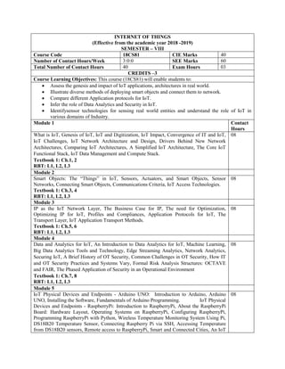 INTERNET OF THINGS
(Effective from the academic year 2018 -2019)
SEMESTER – VIII
Course Code 18CS81 CIE Marks 40
Number of Contact Hours/Week 3:0:0 SEE Marks 60
Total Number of Contact Hours 40 Exam Hours 03
CREDITS –3
Course Learning Objectives: This course (18CS81) will enable students to:
 Assess the genesis and impact of IoT applications, architectures in real world.
 Illustrate diverse methods of deploying smart objects and connect them to network.
 Compare different Application protocols for IoT.
 Infer the role of Data Analytics and Security in IoT.
 Identifysensor technologies for sensing real world entities and understand the role of IoT in
various domains of Industry.
Module 1 Contact
Hours
What is IoT, Genesis of IoT, IoT and Digitization, IoT Impact, Convergence of IT and IoT,
IoT Challenges, IoT Network Architecture and Design, Drivers Behind New Network
Architectures, Comparing IoT Architectures, A Simplified IoT Architecture, The Core IoT
Functional Stack, IoT Data Management and Compute Stack.
Textbook 1: Ch.1, 2
RBT: L1, L2, L3
08
Module 2
Smart Objects: The “Things” in IoT, Sensors, Actuators, and Smart Objects, Sensor
Networks, Connecting Smart Objects, Communications Criteria, IoT Access Technologies.
Textbook 1: Ch.3, 4
RBT: L1, L2, L3
08
Module 3
IP as the IoT Network Layer, The Business Case for IP, The need for Optimization,
Optimizing IP for IoT, Profiles and Compliances, Application Protocols for IoT, The
Transport Layer, IoT Application Transport Methods.
Textbook 1: Ch.5, 6
RBT: L1, L2, L3
08
Module 4
Data and Analytics for IoT, An Introduction to Data Analytics for IoT, Machine Learning,
Big Data Analytics Tools and Technology, Edge Streaming Analytics, Network Analytics,
Securing IoT, A Brief History of OT Security, Common Challenges in OT Security, How IT
and OT Security Practices and Systems Vary, Formal Risk Analysis Structures: OCTAVE
and FAIR, The Phased Application of Security in an Operational Environment
Textbook 1: Ch.7, 8
RBT: L1, L2, L3
08
Module 5
IoT Physical Devices and Endpoints - Arduino UNO: Introduction to Arduino, Arduino
UNO, Installing the Software, Fundamentals of Arduino Programming. IoT Physical
Devices and Endpoints - RaspberryPi: Introduction to RaspberryPi, About the RaspberryPi
Board: Hardware Layout, Operating Systems on RaspberryPi, Configuring RaspberryPi,
Programming RaspberryPi with Python, Wireless Temperature Monitoring System Using Pi,
DS18B20 Temperature Sensor, Connecting Raspberry Pi via SSH, Accessing Temperature
from DS18B20 sensors, Remote access to RaspberryPi, Smart and Connected Cities, An IoT
08
 
