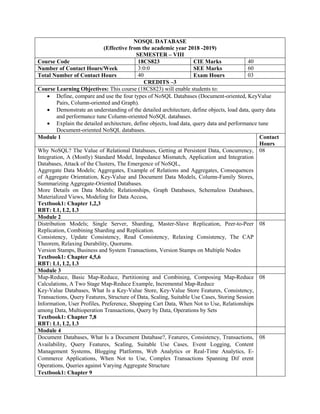 NOSQL DATABASE
(Effective from the academic year 2018 -2019)
SEMESTER – VIII
Course Code 18CS823 CIE Marks 40
Number of Contact Hours/Week 3:0:0 SEE Marks 60
Total Number of Contact Hours 40 Exam Hours 03
CREDITS –3
Course Learning Objectives: This course (18CS823) will enable students to:
 Define, compare and use the four types of NoSQL Databases (Document-oriented, KeyValue
Pairs, Column-oriented and Graph).
 Demonstrate an understanding of the detailed architecture, define objects, load data, query data
and performance tune Column-oriented NoSQL databases.
 Explain the detailed architecture, define objects, load data, query data and performance tune
Document-oriented NoSQL databases.
Module 1 Contact
Hours
Why NoSQL? The Value of Relational Databases, Getting at Persistent Data, Concurrency,
Integration, A (Mostly) Standard Model, Impedance Mismatch, Application and Integration
Databases, Attack of the Clusters, The Emergence of NoSQL,
Aggregate Data Models; Aggregates, Example of Relations and Aggregates, Consequences
of Aggregate Orientation, Key-Value and Document Data Models, Column-Family Stores,
Summarizing Aggregate-Oriented Databases.
More Details on Data Models; Relationships, Graph Databases, Schemaless Databases,
Materialized Views, Modeling for Data Access,
Textbook1: Chapter 1,2,3
RBT: L1, L2, L3
08
Module 2
Distribution Models; Single Server, Sharding, Master-Slave Replication, Peer-to-Peer
Replication, Combining Sharding and Replication.
Consistency, Update Consistency, Read Consistency, Relaxing Consistency, The CAP
Theorem, Relaxing Durability, Quorums.
Version Stamps, Business and System Transactions, Version Stamps on Multiple Nodes
Textbook1: Chapter 4,5,6
RBT: L1, L2, L3
08
Module 3
Map-Reduce, Basic Map-Reduce, Partitioning and Combining, Composing Map-Reduce
Calculations, A Two Stage Map-Reduce Example, Incremental Map-Reduce
Key-Value Databases, What Is a Key-Value Store, Key-Value Store Features, Consistency,
Transactions, Query Features, Structure of Data, Scaling, Suitable Use Cases, Storing Session
Information, User Profiles, Preference, Shopping Cart Data, When Not to Use, Relationships
among Data, Multioperation Transactions, Query by Data, Operations by Sets
Textbook1: Chapter 7,8
RBT: L1, L2, L3
08
Module 4
Document Databases, What Is a Document Database?, Features, Consistency, Transactions,
Availability, Query Features, Scaling, Suitable Use Cases, Event Logging, Content
Management Systems, Blogging Platforms, Web Analytics or Real-Time Analytics, E-
Commerce Applications, When Not to Use, Complex Transactions Spanning Dif erent
Operations, Queries against Varying Aggregate Structure
Textbook1: Chapter 9
08
 