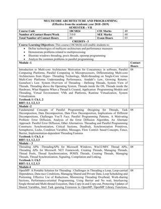 MULTICORE ARCHITECTURE AND PROGRAMMING
(Effective from the academic year 2018 -2019)
SEMESTER – VII
Course Code 18CS824 CIE Marks 40
Number of Contact Hours/Week 3:0:0 SEE Marks 60
Total Number of Contact Hours 40 Exam Hours 03
CREDITS –3
Course Learning Objectives: This course (18CS824) will enable students to:
 Define technologies of multicore architecture and performance measures
 Demonstrate problems related to multiprocessing
 Illustrate windows threading, posix threads, openmp programming
 Analyze the common problems in parallel programming
Module -1 Contact
Hours
Introduction to Multi-core Architecture Motivation for Concurrency in software, Parallel
Computing Platforms, Parallel Computing in Microprocessors, Differentiating Multi-core
Architectures from Hyper- Threading Technology, Multi-threading on Single-Core versus
Multi-Core Platforms Understanding Performance, Amdahl‟s Law, Growing Returns:
Gustafson‟s Law. System Overview of Threading : Defining Threads, System View of
Threads, Threading above the Operating System, Threads inside the OS, Threads inside the
Hardware, What Happens When a Thread Is Created, Application Programming Models and
Threading, Virtual Environment: VMs and Platforms, Runtime Virtualization, System
Virtualization.
Textbook 1: Ch.1, 2
RBT: L1, L2, L3
08
Module -2
Fundamental Concepts of Parallel Programming :Designing for Threads, Task
Decomposition, Data Decomposition, Data Flow Decomposition, Implications of Different
Decompositions, Challenges You‟ll Face, Parallel Programming Patterns, A Motivating
Problem: Error Diffusion, Analysis of the Error Diffusion Algorithm, An Alternate
Approach: Parallel Error Diffusion, Other Alternatives. Threading and Parallel Programming
Constructs: Synchronization, Critical Sections, Deadlock, Synchronization Primitives,
Semaphores, Locks, Condition Variables, Messages, Flow Control- based Concepts, Fence,
Barrier, Implementation-dependent Threading Features
Textbook 1: Ch.3, 4
RBT: L1, L2, L3
08
Module – 3
Threading APIs :ThreadingAPls for Microsoft Windows, Win32/MFC Thread APls,
Threading APls for Microsoft. NET Framework, Creating Threads, Managing Threads,
Thread Pools, Thread Synchronization, POSIX Threads, Creating Threads, Managing
Threads, Thread Synchronization, Signaling, Compilation and Linking.
Textbook 1: Ch.5
RBT: L1, L2, L3
08
Module-4
OpenMP: A Portable Solution for Threading : Challenges in Threading a Loop, Loop-carried
Dependence, Data-race Conditions, Managing Shared and Private Data, Loop Scheduling and
Portioning, Effective Use of Reductions, Minimizing Threading Overhead, Work-sharing
Sections, Performance-oriented Programming, Using Barrier and No wait, Interleaving
Single-thread and Multi-thread Execution, Data Copy-in and Copy-out, Protecting Updates of
Shared Variables, Intel Task queuing Extension to OpenMP, OpenMP Library Functions,
08
 