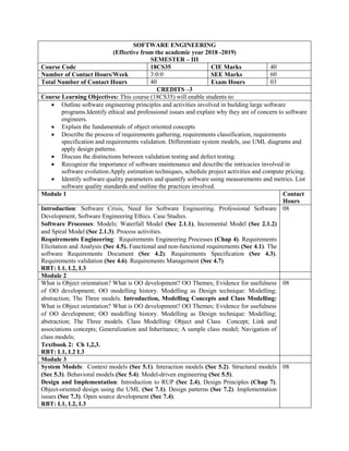 SOFTWARE ENGINEERING
(Effective from the academic year 2018 -2019)
SEMESTER – III
Course Code 18CS35 CIE Marks 40
Number of Contact Hours/Week 3:0:0 SEE Marks 60
Total Number of Contact Hours 40 Exam Hours 03
CREDITS –3
Course Learning Objectives: This course (18CS35) will enable students to:
 Outline software engineering principles and activities involved in building large software
programs.Identify ethical and professional issues and explain why they are of concern to software
engineers.
 Explain the fundamentals of object oriented concepts
 Describe the process of requirements gathering, requirements classification, requirements
specification and requirements validation. Differentiate system models, use UML diagrams and
apply design patterns.
 Discuss the distinctions between validation testing and defect testing.
 Recognize the importance of software maintenance and describe the intricacies involved in
software evolution.Apply estimation techniques, schedule project activities and compute pricing.
 Identify software quality parameters and quantify software using measurements and metrics. List
software quality standards and outline the practices involved.
Module 1 Contact
Hours
Introduction: Software Crisis, Need for Software Engineering. Professional Software
Development, Software Engineering Ethics. Case Studies.
Software Processes: Models: Waterfall Model (Sec 2.1.1), Incremental Model (Sec 2.1.2)
and Spiral Model (Sec 2.1.3). Process activities.
Requirements Engineering: Requirements Engineering Processes (Chap 4). Requirements
Elicitation and Analysis (Sec 4.5). Functional and non-functional requirements (Sec 4.1). The
software Requirements Document (Sec 4.2). Requirements Specification (Sec 4.3).
Requirements validation (Sec 4.6). Requirements Management (Sec 4.7).
RBT: L1, L2, L3
08
Module 2
What is Object orientation? What is OO development? OO Themes; Evidence for usefulness
of OO development; OO modelling history. Modelling as Design technique: Modelling;
abstraction; The Three models. Introduction, Modelling Concepts and Class Modelling:
What is Object orientation? What is OO development? OO Themes; Evidence for usefulness
of OO development; OO modelling history. Modelling as Design technique: Modelling;
abstraction; The Three models. Class Modelling: Object and Class Concept; Link and
associations concepts; Generalization and Inheritance; A sample class model; Navigation of
class models;
Textbook 2: Ch 1,2,3.
RBT: L1, L2 L3
08
Module 3
System Models: Context models (Sec 5.1). Interaction models (Sec 5.2). Structural models
(Sec 5.3). Behavioral models (Sec 5.4). Model-driven engineering (Sec 5.5).
Design and Implementation: Introduction to RUP (Sec 2.4), Design Principles (Chap 7).
Object-oriented design using the UML (Sec 7.1). Design patterns (Sec 7.2). Implementation
issues (Sec 7.3). Open source development (Sec 7.4).
RBT: L1, L2, L3
08
 