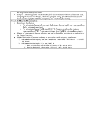 for the given the appropriate inputs.
 Compile a laboratory journal which includes; aim, tool/instruments/software/components used,
design equations used and designs, schematics, program listing, procedure followed, relevant
theory, results as graphs and tables, interpreting and concluding the findings.
Conduct of Practical Examination:
 Experiment distribution
o For laboratories having only one part: Students are allowed to pick one experiment from
the lot with equal opportunity.
o For laboratories having PART A and PART B: Students are allowed to pick one
experiment from PART A and one experiment from PART B, with equal opportunity.
 Change of experiment is allowed only once and marks allotted for procedure to be made zero of
the changed part only.
 Marks Distribution (Courseed to change in accoradance with university regulations)
a) For laboratories having only one part – Procedure + Execution + Viva-Voce: 15+70+15 =
100 Marks
b) For laboratories having PART A and PART B
i. Part A – Procedure + Execution + Viva = 6 + 28 + 6 = 40 Marks
ii. Part B – Procedure + Execution + Viva = 9 + 42 + 9 = 60 Marks
 