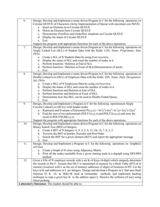 6. Design, Develop and Implement a menu driven Program in C for the following operations on
Circular QUEUE of Characters (Array Implementation of Queue with maximum size MAX)
a. Insert an Element on to Circular QUEUE
b. Delete an Element from Circular QUEUE
c. Demonstrate Overflow and Underflow situations on Circular QUEUE
d. Display the status of Circular QUEUE
e. Exit
Support the program with appropriate functions for each of the above operations
7. Design, Develop and Implement a menu driven Program in C for the following operations on
Singly Linked List (SLL) of Student Data with the fields: USN, Name, Programme, Sem,
PhNo
a. Create a SLL of N Students Data by using front insertion.
b. Display the status of SLL and count the number of nodes in it
c. Perform Insertion / Deletion at End of SLL
d. Perform Insertion / Deletion at Front of SLL(Demonstration of stack)
e. Exit
8. Design, Develop and Implement a menu driven Program in C for the following operations on
Doubly Linked List (DLL) of Employee Data with the fields: SSN, Name, Dept, Designation,
Sal, PhNo
a. Create a DLL of N Employees Data by using end insertion.
b. Display the status of DLL and count the number of nodes in it
c. Perform Insertion and Deletion at End of DLL
d. Perform Insertion and Deletion at Front of DLL
e. Demonstrate how this DLL can be used as Double Ended Queue.
f. Exit
9. Design, Develop and Implement a Program in C for the following operationson Singly
Circular Linked List (SCLL) with header nodes
a. Represent and Evaluate a Polynomial P(x,y,z) = 6x2
y2
z-4yz5
+3x3
yz+2xy5
z-2xyz3
b. Find the sum of two polynomials POLY1(x,y,z) and POLY2(x,y,z) and store the
result in POLYSUM(x,y,z)
Support the program with appropriate functions for each of the above operations
10. Design, Develop and Implement a menu driven Program in C for the following operations on
Binary Search Tree (BST) of Integers .
a. Create a BST of N Integers: 6, 9, 5, 2, 8, 15, 24, 14, 7, 8, 5, 2
b. Traverse the BST in Inorder, Preorder and Post Order
c. Search the BST for a given element (KEY) and report the appropriate message
d. Exit
11. Design, Develop and Implement a Program in C for the following operations on Graph(G)
of Cities
a. Create a Graph of N cities using Adjacency Matrix.
b. Print all the nodes reachable from a given starting node in a digraph using DFS/BFS
method
12. Given a File of N employee records with a set K of Keys (4-digit) which uniquely determine
the records in file F. Assume that file F is maintained in memory by a Hash Table (HT) of m
memory locations with L as the set of memory addresses (2-digit) of locations in HT. Let the
keys in K and addresses in L are Integers. Design and develop a Program in C that uses Hash
function H: K L as H(K)=K mod m (remainder method), and implement hashing
technique to map a given key K to the address space L. Resolve the collision (if any) using
linear probing.
Laboratory Outcomes: The student should be able to:
 