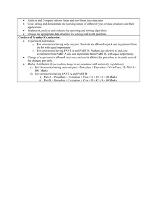  Analyze and Compare various linear and non-linear data structures
 Code, debug and demonstrate the working nature of different types of data structures and their
applications
 Implement, analyze and evaluate the searching and sorting algorithms
 Choose the appropriate data structure for solving real world problems
Conduct of Practical Examination:
 Experiment distribution
o For laboratories having only one part: Students are allowed to pick one experiment from
the lot with equal opportunity.
o For laboratories having PART A and PART B: Students are allowed to pick one
experiment from PART A and one experiment from PART B, with equal opportunity.
 Change of experiment is allowed only once and marks allotted for procedure to be made zero of
the changed part only.
 Marks Distribution (Courseed to change in accoradance with university regulations)
c) For laboratories having only one part – Procedure + Execution + Viva-Voce: 15+70+15 =
100 Marks
d) For laboratories having PART A and PART B
i. Part A – Procedure + Execution + Viva = 6 + 28 + 6 = 40 Marks
ii. Part B – Procedure + Execution + Viva = 9 + 42 + 9 = 60 Marks
 