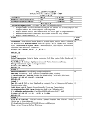 DATA COMMUNICATION
(Effective from the academic year 2018 -2019)
SEMESTER – IV
Course Code 18CS46 CIE Marks 40
Number of Contact Hours/Week 3:0:0 SEE Marks 60
Total Number of Contact Hours 40 Exam Hours 03
CREDITS –3
Course Learning Objectives: This course (18CS46) will enable students to:
 Comprehend the transmission technique of digital data between two or more computers and a
computer network that allows computers to exchange data.
 Explain with the basics of data communication and various types of computer networks;
 Demonstrate Medium Access Control protocols for reliable and noisy channels.
 Expose wireless and wired LANs.
Module 1 Contact
Hours
Introduction: Data Communications, Networks, Network Types, Internet History, Standards
and Administration, Networks Models: Protocol Layering, TCP/IP Protocol suite, The OSI
model, Introduction to Physical Layer-1: Data and Signals, Digital Signals, Transmission
Impairment, Data Rate limits, Performance.
Textbook1: Ch 1.1 to 1.5, 2.1 to 2.3, 3.1, 3.3 to 3.6
RBT: L1, L2
08
Module 2
Digital Transmission: Digital to digital conversion (Only Line coding: Polar, Bipolar and
Manchester coding).
Physical Layer-2: Analog to digital conversion (only PCM), Transmission Modes,
Analog Transmission: Digital to analog conversion.
Textbook1: Ch 4.1 to 4.3, 5.1
RBT: L1, L2
08
Module 3
Bandwidth Utilization: Multiplexing and Spread Spectrum,
Switching: Introduction, Circuit Switched Networks and Packet switching.
Error Detection and Correction: Introduction, Block coding, Cyclic codes, Checksum,
Textbook1: Ch 6.1, 6.2, 8.1 to 8.3, 10.1 to 10.4
RBT: L1, L2
08
Module 4
Data link control: DLC services, Data link layer protocols, Point to Point protocol (Framing,
Transition phases only).
Media Access control: Random Access, Controlled Access and Channelization,
Introduction to Data-Link Layer: Introduction, Link-Layer Addressing, ARP
IPv4 Addressing and subnetting: Classful and CIDR addressing, DHCP, NAT
Textbook1: Ch 9.1, 9.2, 11.1, 11.2 11.4, 12.1 to 12.3, 18.4
RBT: L1, L2
08
Module 5
Wired LANs Ethernet: Ethernet Protocol, Standard Ethernet, Fast Ethernet, Gigabit
Ethernet and 10 Gigabit Ethernet,
Wireless LANs: Introduction, IEEE 802.11 Project and Bluetooth.
Other wireless Networks: Cellular Telephony
08
 