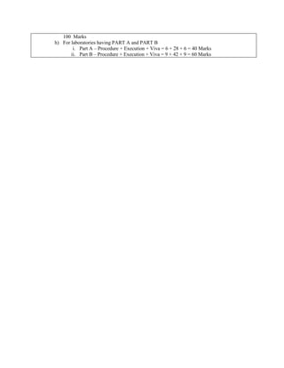100 Marks
h) For laboratories having PART A and PART B
i. Part A – Procedure + Execution + Viva = 6 + 28 + 6 = 40 Marks
ii. Part B – Procedure + Execution + Viva = 9 + 42 + 9 = 60 Marks
 