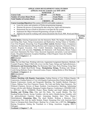 APPLICATION DEVELOPMENT USING PYTHON
[(Effective from the academic year 2018 -2019)
SEMESTER – V
Course Code 18CS55 IA Marks 40
Number of Lecture Hours/Week 03 Exam Marks 60
Total Number of Lecture Hours 40 Exam Hours 03
CREDITS – 03
Course Learning Objectives:This course (18CS55) will enable students to
 Learn the syntax and semantics of Python programming language.
 Illustrate the process of structuring the data using lists, tuples and dictionaries.
 Demonstrate the use of built-in functions to navigate the file system.
 Implement the Object Oriented Programming concepts in Python.
 Appraise the need for working with various documents like Excel, PDF, Word and Others.
Module – 1 Teaching
Hours
Python Basics, Entering Expressions into the Interactive Shell, The Integer, Floating-Point,
and String Data Types, String Concatenation and Replication, Storing Values in Variables,
Your First Program, Dissecting Your Program,Flow control, Boolean Values, Comparison
Operators, Boolean Operators,Mixing Boolean and Comparison Operators, Elements of Flow
Control, Program Execution, Flow Control Statements, Importing Modules,Ending a
Program Early with sys.exit(), Functions, def Statements with Parameters, Return Values
and return Statements,The None Value, Keyword Arguments and print(), Local and Global
Scope, The global Statement, Exception Handling, A Short Program: Guess the Number
Textbook 1: Chapters 1 – 3
RBT: L1, L2
08
Module – 2
Lists, The List Data Type, Working with Lists, Augmented Assignment Operators, Methods,
Example Program: Magic 8 Ball with a List, List-like Types: Strings and Tuples,References,
Dictionaries and Structuring Data, The Dictionary Data Type, Pretty Printing, Using Data
Structures to Model Real-World Things, Manipulating Strings, Working with Strings,
Useful String Methods, Project: Password Locker, Project: Adding Bullets to Wiki Markup
Textbook 1: Chapters 4 – 6
RBT: L1, L2, L3
08
Module – 3
Pattern Matching with Regular Expressions, Finding Patterns of Text Without Regular
Expressions, Finding Patterns of Text with Regular Expressions,More Pattern Matching with
Regular Expressions, Greedy and Nongreedy Matching, The findall() Method, Character
Classes, Making Your Own Character Classes, The Caret and Dollar Sign Characters, The
Wildcard Character, Review of Regex Symbols, Case-Insensitive Matching, Substituting
Strings with the sub() Method, Managing Complex Regexes, Combining re .IGNORECASE,
re .DOTALL, and re .VERBOSE, Project: Phone Number and Email Address Extractor,
Reading and Writing Files, Files and File Paths, The os.path Module, The File
Reading/Writing Process, Saving Variables with the shelve Module,Saving Variables with
the pprint.pformat() Function, Project: Generating Random Quiz Files, Project:
Multiclipboard, Organizing Files, The shutil Module, Walking a Directory Tree,
Compressing Files with the zipfile Module, Project: Renaming Files with American-Style
Dates to European-Style Dates,Project: Backing Up a Folder into a ZIP File, Debugging,
Raising Exceptions, Getting the Traceback as a String, Assertions, Logging, IDLE‟s
Debugger.
Textbook 1: Chapters 7 – 10
08
 