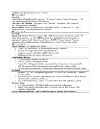 wait4 Functions, Race Conditions, exec Functions
RBT: L1, L2, L3
Module 4
Changing User IDs and Group IDs, Interpreter Files, system Function, Process Accounting,
User Identification, Process Times, I/O Redirection.
Overview of IPC Methods, Pipes, popen, pclose Functions, Coprocesses, FIFOs, System V
IPC, Message Queues, Semaphores.
Shared Memory, Client-Server Properties, Stream Pipes, Passing File Descriptors, An Open
Server-Version 1, Client-Server Connection Functions.
RBT: L1, L2, L3
08
Module 5
Signals and Daemon Processes: Signals: The UNIX Kernel Support for Signals, signal,
Signal Mask, sigaction, The SIGCHLD Signal and the waitpid Function, The sigsetjmp and
siglongjmp Functions, Kill, Alarm, Interval Timers, POSIX.lb Timers. Daemon Processes:
Introduction, Daemon Characteristics, Coding Rules, Error Logging, Client-Server Model.
RBT: L1, L2, L3
08
Course Outcomes: The student will be able to :
 Explain Unix Architecture, File system and use of Basic Commands
 Illustrate Shell Programming and to write Shell Scripts
 Categorize, compare and make use of Unix System Calls
 Build an application/service over a Unix system.
Question Paper Pattern:
 The question paper will have ten questions.
 Each full Question consisting of 20 marks
 There will be 2 full questions (with a maximum of four sub questions) from each module.
 Each full question will have sub questions covering all the topics under a module.
 The students will have to answer 5 full questions, selecting one full question from each module.
Textbooks:
1. Sumitabha Das., Unix Concepts and Applications., 4th
Edition., Tata McGraw Hill ( Chapter 1,2
,3,4,5,6,8,13,14)
2. W. Richard Stevens: Advanced Programming in the UNIX Environment, 2nd Edition, Pearson
Education, 2005 ( Chapter 3,7,8,10,13,15)
3. Unix System Programming Using C++ - Terrence Chan, PHI, 1999. ( Chapter 7,8,9,10)
Reference Books:
1. M.G. Venkatesh Murthy: UNIX & Shell Programming, Pearson Education.
2. Richard Blum , Christine Bresnahan : Linux Command Line and Shell Scripting Bible,
2ndEdition, Wiley,2014.
Faculty can utilize open source tools to make teaching and learning more interactive.
 