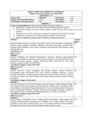 OBJECT ORIENTED MODELING AND DESIGN
(Effective from the academic year 2018 -2019)
SEMESTER – VI
Course Code 18CS642 CIE Marks 40
Number of Contact Hours/Week 3:0:0 SEE Marks 60
Total Number of Contact Hours 40 Exam Hours 03
CREDITS –3
Course Learning Objectives: This course (18CS642) will enable students to:
 Describe the concepts involved in Object-Oriented modelling and their benefits.
 Demonstrate concept of use-case model, sequence model and state chart model for a given
problem.
 Explain the facets of the unified process approach to design and build a Software system.
 Translate the requirements into implementation for Object Oriented design.
 Choose an appropriate design pattern to facilitate development procedure.
Module 1 Contact
Hours
Advanced object and class concepts; Association ends; N-ary associations; Aggregation;
Abstract classes; Multiple inheritance; Metadata; Reification; Constraints; Derived Data;
Packages. State Modeling: Events, States, Transistions and Conditions, State Diagrams, State
diagram behaviour.
Text Book-1: 4, 5
RBT: L1, L2
08
Module 2
UseCase Modelling and Detailed Requirements: Overview; Detailed object-oriented
Requirements definitions; System Processes-A use case/Scenario view; Identifying Input and
outputs-The System sequence diagram; Identifying Object Behaviour-The state chart
Diagram; Integrated Object-oriented Models.
Text Book-2:Chapter- 6:Page 210 to 250
RBT: L1, L2, L3
08
Module 3
Process Overview, System Conception and Domain Analysis: Process Overview:
Development stages; Development life Cycle; System Conception: Devising a system
concept; elaborating a concept; preparing a problem statement. Domain Analysis: Overview
of analysis; Domain Class model: Domain state model; Domain interaction model; Iterating
the analysis.
Text Book-1:Chapter- 10,11,and 12
08
Module 4
Use case Realization :The Design Discipline within up iterations: Object Oriented Design-
The Bridge between Requirements and Implementation; Design Classes and Design within
Class Diagrams; Interaction Diagrams-Realizing Use Case and defining methods; Designing
with Communication Diagrams; Updating the Design Class Diagram; Package Diagrams-
Structuring the Major Components; Implementation Issues for Three-Layer Design.
Text Book-2: Chapter 8: page 292 to 346
RBT: L1, L2, L3
08
Module 5
Design Patterns: Introduction; what is a design pattern?, Describing design patterns, the
catalogue of design patterns, Organizing the catalogue, How design patterns solve design
problems, how to select a design patterns, how to use a design pattern; Creational patterns:
prototype and singleton (only); structural patterns adaptor and proxy (only).
08
 