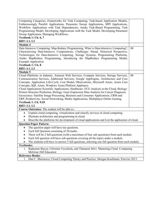 Computing Categories, Frameworks for Task Computing, Task-based Application Models,
Embarrassingly Parallel Applications, Parameter Sweep Applications, MPI Applications,
Workflow Applications with Task Dependencies, Aneka Task-Based Programming, Task
Programming Model, Developing Applications with the Task Model, Developing Parameter
Sweep Application, Managing Workflows.
Textbook 1: Ch. 6, 7
RBT: L1, L2
Module 4
Data Intensive Computing: Map-Reduce Programming, What is Data-Intensive Computing?,
Characterizing Data-Intensive Computations, Challenges Ahead, Historical Perspective,
Technologies for Data-Intensive Computing, Storage Systems, Programming Platforms,
Aneka MapReduce Programming, Introducing the MapReduce Programming Model,
Example Application
Textbook 1: Ch. 8
RBT: L1, L2
08
Module 5
Cloud Platforms in Industry, Amazon Web Services, Compute Services, Storage Services,
Communication Services, Additional Services, Google AppEngine, Architecture and Core
Concepts, Application Life-Cycle, Cost Model, Observations, Microsoft Azure, Azure Core
Concepts, SQL Azure, Windows Azure Platform Appliance.
Cloud Applications Scientific Applications, Healthcare: ECG Analysis in the Cloud, Biology:
Protein Structure Prediction, Biology: Gene Expression Data Analysis for Cancer Diagnosis,
Geoscience: Satellite Image Processing, Business and Consumer Applications, CRM and
ERP, Productivity, Social Networking, Media Applications, Multiplayer Online Gaming.
Textbook 1: Ch. 9,10
RBT: L1, L2
08
Course Outcomes: The student will be able to :
 Explain cloud computing, virtualization and classify services of cloud computing
 Illustrate architecture and programming in cloud
 Describe the platforms for development of cloud applications and List the application of cloud.
Question Paper Pattern:
 The question paper will have ten questions.
 Each full Question consisting of 20 marks
 There will be 2 full questions (with a maximum of four sub questions) from each module.
 Each full question will have sub questions covering all the topics under a module.
 The students will have to answer 5 full questions, selecting one full question from each module.
Textbooks:
1. Rajkumar Buyya, Christian Vecchiola, and Thamarai Selvi Mastering Cloud. Computing
McGraw Hill Education
Reference Books:
1. Dan C. Marinescu, Cloud Computing Theory and Practice, Morgan Kaufmann, Elsevier 2013.
 