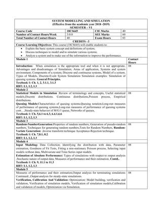 SYSTEM MODELLING AND SIMULATION
(Effective from the academic year 2018 -2019)
SEMESTER – VI
Course Code 18CS645 CIE Marks 40
Number of Contact Hours/Week 3:0:0 SEE Marks 60
Total Number of Contact Hours 40 Exam Hours 03
CREDITS –3
Course Learning Objectives: This course (18CS645) will enable students to:
 Explain the basic system concept and definitions of system;
 Discuss techniques to model and to simulate various systems;
 Analyze a system and to make use of the information to improve the performance.
Module 1 Contact
Hours
Introduction: When simulation is the appropriate tool and when it is not appropriate,
Advantages and disadvantages of Simulation; Areas of application, Systems and system
environment; Components of a system; Discrete and continuous systems, Model of a system;
Types of Models, Discrete-Event System Simulation Simulation examples: Simulation of
queuing systems. General Principles.
Textbook 1: Ch. 1, 2, 3.1.1, 3.1.3
RBT: L1, L2, L3
08
Module 2
Statistical Models in Simulation :Review of terminology and concepts, Useful statistical
models,Discrete distributions. Continuous distributions,Poisson process, Empirical
distributions.
Queuing Models:Characteristics of queuing systems,Queuing notation,Long-run measures
of performance of queuing systems,Long-run measures of performance of queuing systems
cont…,Steady-state behavior of M/G/1 queue, Networks of queues,
Textbook 1: Ch. 5,6.1 to 6.3, 6.4.1,6.6
RBT: L1, L2, L3
08
Module 3
Random-NumberGeneration:Properties of random numbers; Generation of pseudo-random
numbers, Techniques for generating random numbers,Tests for Random Numbers, Random-
Variate Generation: ,Inverse transform technique Acceptance-Rejection technique.
Textbook 1: Ch. 7,8.1, 8.2
RBT: L1, L2, L3
08
Module 4
Input Modeling: Data Collection; Identifying the distribution with data, Parameter
estimation, Goodness of Fit Tests, Fitting a non-stationary Poisson process, Selecting input
models without data, Multivariate and Time-Series input models.
Estimation of Absolute Performance: Types of simulations with respect to output analysis
,Stochastic nature of output data, Measures of performance and their estimation, Contd..
Textbook 1: Ch. 9, 11.1 to 11.3
RBT: L1, L2, L3
08
Module 5
Measures of performance and their estimation,Output analysis for terminating simulations
Continued..,Output analysis for steady-state simulations.
Verification, Calibration And Validation: Optimization: Model building, verification and
validation, Verification of simulation models, Verification of simulation models,Calibration
and validation of models, Optimization via Simulation.
08
 