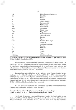 v31
kvar Kilovolt ampere reactive (s)
kW Kilo Watt
l Litre(s)
m Metre(s)
m2
Square metre(s)
m3
Cubic metre(s)
mm Millimetre(s)
mN Milli Newton
MPa Milli pascal
mt Metric tonne
MW Mega Watt
N/m Newton per metre
pa Number of pairs
Rs. Rupees
sq. Square
SWG Standard Wire Gauge
t Tonne(s)
Tu Thousand in number
u Number
US$ USDollar
V Volt(s)
Vol. Volume
W Watt
1000kWh 1000 kilowatt hours
COMMENCEMENTOFCUSTOMSTARIFF(AMENDMENT)ORDINANCE,2003(1OF2003)
[Notfn. No. 16/03-Cus. dt. 24.1.2003].
In exercise of the powers conferred by sub-section (1) of section 25 of the CustomsAct,
1962 (52 of 1962), the Central Government, being satisfied that it is necessary in the public interest
so to do, hereby makes the following amendments in all the notifications issued under the said
sub-section and for the time being in force on the date of the commencement of the Customs
Tariff (Amendment) Ordinance, 2003 (1 of 2003), namely:-
In each of the said notifications, for any reference to the Chapter, heading or sub-
heading of the First Schedule to the Customs Tariff Act, 1975 (51 of 1975), as the case may be,
relating to any goods or class of goods, wherever occurring in the said notification, the
corresponding reference to the Chapter, heading or sub-heading, of the First Schedule to the
CustomsTariffAct, 1975 (51 of 1975) as amended by the CustomsTariff (Amendment) Ordinance,
2003 (1 of 2003) shall be deemed to have been substituted.
(2) This notification shall come into force on the date of the commencement of the
CustomsTariff (Amendment) Ordinance, 2003 (1 of 2003).
ExemptionfromAdditionalDutyinexcessofexcisedutyleviableonlikegoods
[Notfn.No.89/82-Cus.dt.25.3.1982asamendedbyNotfn.No.130/90].
The Central Government exempts all the goods covered by the First Schedule to the
Customs Tariff Act, 1975 (51 of 1975), when imported into India from so much of the additional
duty leviable thereon under section 3 of the said Act, as is in excess of the duty of excise for the
 