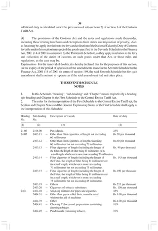 v34
additional duty is calculated under the provisions of sub-section (2) of section 3 of the Customs
TariffAct.
(4) The provisions of the Customs Act and the rules and regulations made thereunder,
including those relating to refunds and exemptions from duties and imposition of penalty, shall,
asfarasmaybe,applyinrelationtothelevyandcollectionoftheNationalCalamityDutyofCustoms
leviable under this section in respect of the goods specified in the Seventh Schedule to the Finance
Act, 2001 (14 of 2001) as amended by the Thirteenth Schedule, as they apply in relation to the levy
and collection of the duties of customs on such goods under that Act, or those rules and
regulations, as the case may be.
Explanation - For the removal of doubts, it is hereby declared that for the purposes of this section,
on the expiry of the period of operation of the amendments made in the Seventh Schedule to the
Finance Act, 2001 (14 of 2001)in terms of section 169, the said Seventh Schedule but for such
amendment shall continue to operate as if the said amendment had not taken place.
THESEVENTH SCHEDULE
NOTES
1. In this Schedule, "heading", "sub-heading" and "Chapter" means respectively a heading,
sub-heading and Chapter in the First Schedule to the Central Excise Tariff Act.
2. The rules for the interpretation of the First Schedule to the Central Excise Tariff act, the
Section and Chapter Notes and the General Explanatory Notes of the First Schedule shall apply to
the interpretation of this Schedule.
____________________________________________________________________________________________
Heading Sub-heading Description of Goods Rate of duty
No. No.
____________________________________________________________________________________________
(1) (2) (3) (4)
____________________________________________________________________________________________
21.06 2106.00 Pan Masala 23%
24.03 2403.11 -- Other than filter cigarettes, of length not exceeding Rs.20 per thousand
60 millimetres
2403.12 -- Other than filter cigarettes, of length exceeding Rs.60 per thousand
60 millimetres but not exceeding 70 millimetres
2403.13 -- Filter cigarettes of length (including the length of Rs. 90 per thousand
the Filter, the length of filter being 11 millimetres or its
actuallength,whicheverismore)notexceeding70millimetres
2403.14 -- Filter cigarettes of length (including the length of Rs. 145 per thousand
the Filter, the length of filter being 11 millimetres or
its actual length, whichever is more) exceeding
70 millimetres but not exceeding 75 millimetres
2403.15 -- Filter cigarettes of length (including the length of Rs.190 per thousand
the Filter, the length of filter being 11 millimetres or
its actual length, whichever is more) exceeding
75 millimetres but not exceeding 85 millimetres
2403.19 -- Others Rs.235 per thousand
2403.20 -- Cigarettes of tobacco substitutes Rs. 150 per thousand
2404 2404.10 -- Smoking mixtures for pipes and cigarettes 45%
2404.31 -- Other than paper rolled biris, manufactured Rs.1.00 per thousand
without the aid of machines
2404.39 -- Other Rs.2.00 per thousand
2404.41 -- Chewing Tobacco and preparations containing 10%
chewing tobacco
2404.49 -- Pand masala containing tobacco 10%
 
