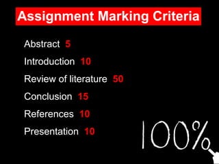 Assignment Marking Criteria
Abstract 5
Introduction 10
Review of literature 50
Conclusion 15
References 10
Presentation 10
 
