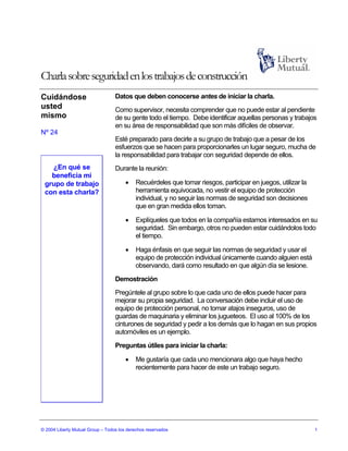 Charla sobre seguridad en los trabajos de construcción
Cuidándose                        Datos que deben conocerse antes de iniciar la charla.
usted                             Como supervisor, necesita comprender que no puede estar al pendiente
mismo                             de su gente todo el tiempo. Debe identificar aquellas personas y trabajos
                                  en su área de responsabilidad que son más difíciles de observar.
Nº 24
                                  Esté preparado para decirle a su grupo de trabajo que a pesar de los
                                  esfuerzos que se hacen para proporcionarles un lugar seguro, mucha de
                                  la responsabilidad para trabajar con seguridad depende de ellos.
   ¿En qué se                     Durante la reunión:
   beneficia mi
 grupo de trabajo                      •    Recuérdeles que tomar riesgos, participar en juegos, utilizar la
 con esta charla?                           herramienta equivocada, no vestir el equipo de protección
                                            individual, y no seguir las normas de seguridad son decisiones
                                            que en gran medida ellos toman.

                                       •    Explíqueles que todos en la compañía estamos interesados en su
                                            seguridad. Sin embargo, otros no pueden estar cuidándolos todo
                                            el tiempo.

                                       •    Haga énfasis en que seguir las normas de seguridad y usar el
                                            equipo de protección individual únicamente cuando alguien está
                                            observando, dará como resultado en que algún día se lesione.
                                  Demostración
                                  Pregúntele al grupo sobre lo que cada uno de ellos puede hacer para
                                  mejorar su propia seguridad. La conversación debe incluir el uso de
                                  equipo de protección personal, no tomar atajos inseguros, uso de
                                  guardas de maquinaria y eliminar los jugueteos. El uso al 100% de los
                                  cinturones de seguridad y pedir a los demás que lo hagan en sus propios
                                  automóviles es un ejemplo.
                                  Preguntas útiles para iniciar la charla:

                                       •    Me gustaría que cada uno mencionara algo que haya hecho
                                            recientemente para hacer de este un trabajo seguro.




© 2004 Liberty Mutual Group – Todos los derechos reservados                                                    1
 