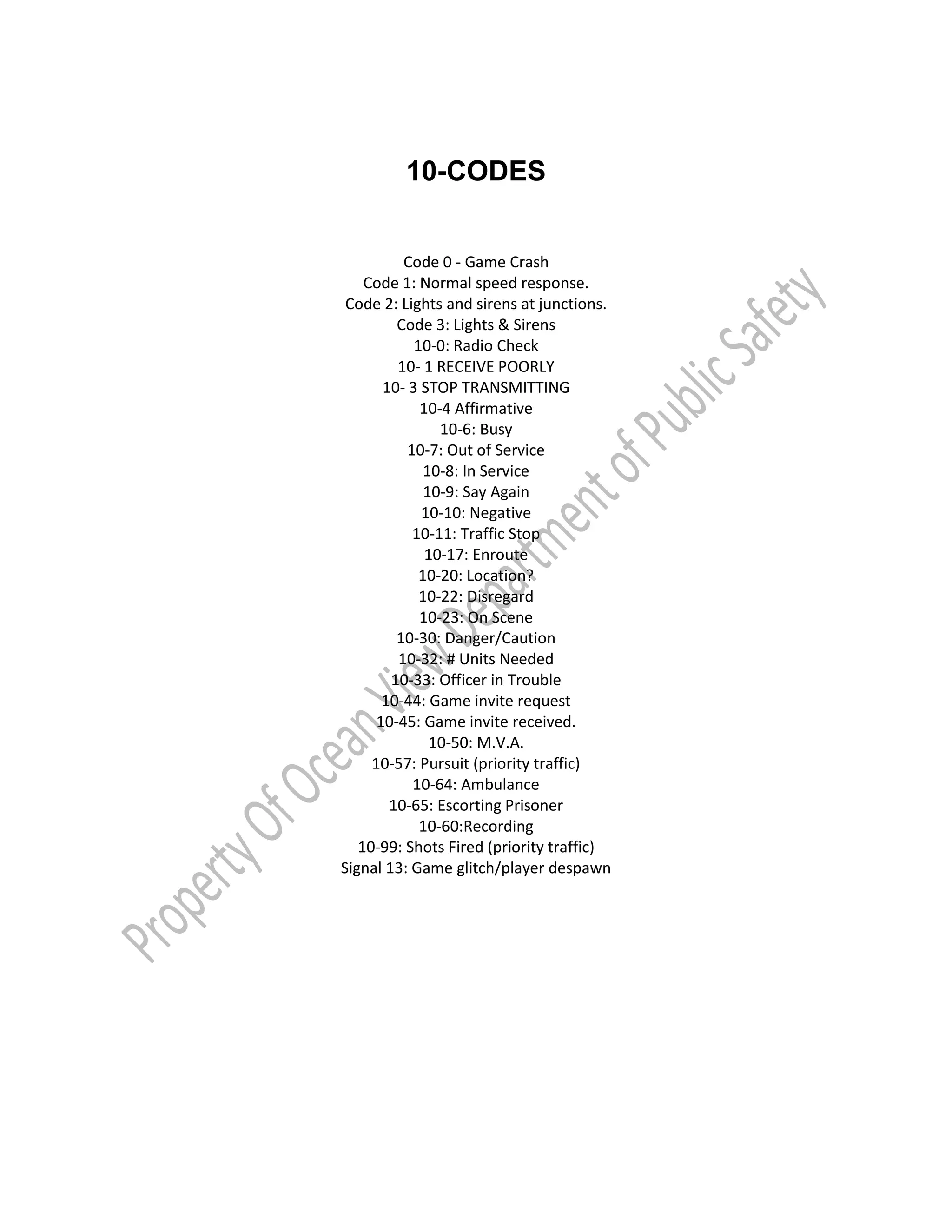 10-CODES
Code 0 - Game Crash
Code 1: Normal speed response.
Code 2: Lights and sirens at junctions.
Code 3: Lights & Sirens
10-0: Radio Check
10- 1 RECEIVE POORLY
10- 3 STOP TRANSMITTING
10-4 Affirmative
10-6: Busy
10-7: Out of Service
10-8: In Service
10-9: Say Again
10-10: Negative
10-11: Traffic Stop
10-17: Enroute
10-20: Location?
10-22: Disregard
10-23: On Scene
10-30: Danger/Caution
10-32: # Units Needed
10-33: Officer in Trouble
10-44: Game invite request
10-45: Game invite received.
10-50: M.V.A.
10-57: Pursuit (priority traffic)
10-64: Ambulance
10-65: Escorting Prisoner
10-60:Recording
10-99: Shots Fired (priority traffic)
Signal 13: Game glitch/player despawn
 