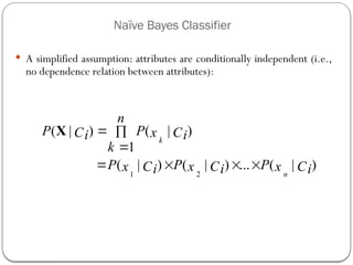Naïve Bayes Classifier
 A simplified assumption: attributes are conditionally independent (i.e.,
no dependence relation between attributes):
1 2
( | ) ( | )
1
( | ) ( | ) ... ( | )
k
n
n
P P
C x C
i i
k
P P P
x C x C x C
i i i
 

   
X
42
 
