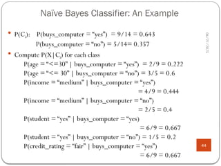 Naïve Bayes Classifier: An Example
06/21/2025
44
 P(Ci): P(buys_computer = “yes”) = 9/14 = 0.643
P(buys_computer = “no”) = 5/14= 0.357
 Compute P(X|Ci) for each class
P(age = “<=30” | buys_computer = “yes”) = 2/9 = 0.222
P(age = “<= 30” | buys_computer = “no”) = 3/5 = 0.6
P(income = “medium” | buys_computer = “yes”)
= 4/9 = 0.444
P(income = “medium” | buys_computer = “no”)
= 2/5 = 0.4
P(student = “yes” | buys_computer = “yes)
= 6/9 = 0.667
P(student = “yes” | buys_computer = “no”) = 1/5 = 0.2
P(credit_rating = “fair” | buys_computer = “yes”)
= 6/9 = 0.667
 
