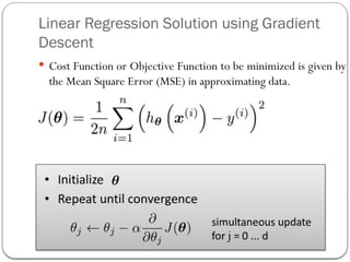 Linear Regression Solution using Gradient
Descent
 Cost Function or Objective Function to be minimized is given by
the Mean Square Error (MSE) in approximating data.
 