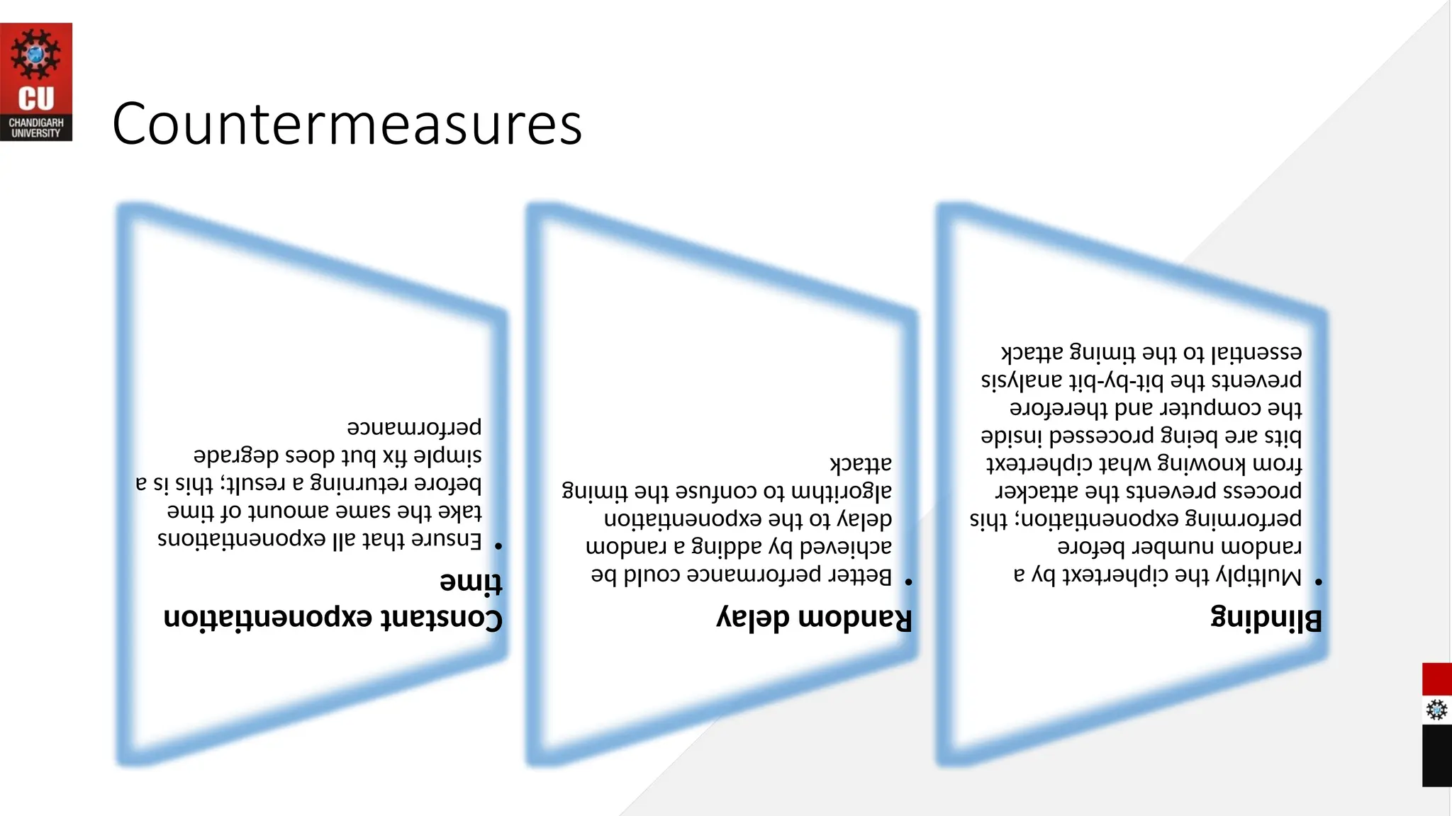 Countermeasures
Constant
exponentiation
time
•
Ensure
that
all
exponentiations
take
the
same
amount
of
time
before
returning
a
result;
this
is
a
simple
fix
but
does
degrade
performance
Random
delay
•
Better
performance
could
be
achieved
by
adding
a
random
delay
to
the
exponentiation
algorithm
to
confuse
the
timing
attack
Blinding
•
Multiply
the
ciphertext
by
a
random
number
before
performing
exponentiation;
this
process
prevents
the
attacker
from
knowing
what
ciphertext
bits
are
being
processed
inside
the
computer
and
therefore
prevents
the
bit-by-bit
analysis
essential
to
the
timing
attack
 