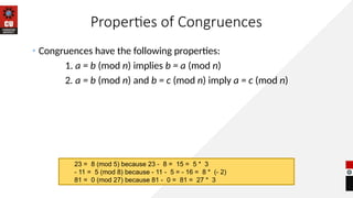Properties of Congruences
• Congruences have the following properties:
1. a = b (mod n) implies b = a (mod n)
2. a = b (mod n) and b = c (mod n) imply a = c (mod n)
23 = 8 (mod 5) because 23 - 8 = 15 = 5 * 3
- 11 = 5 (mod 8) because - 11 - 5 = - 16 = 8 * (- 2)
81 = 0 (mod 27) because 81 - 0 = 81 = 27 * 3
 