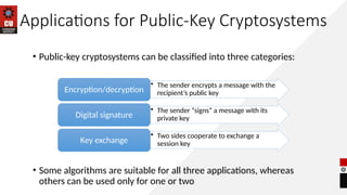 Applications for Public-Key Cryptosystems
• Public-key cryptosystems can be classified into three categories:
• Some algorithms are suitable for all three applications, whereas
others can be used only for one or two
• The sender encrypts a message with the
recipient’s public key
Encryption/decryption
• The sender “signs” a message with its
private key
Digital signature
• Two sides cooperate to exchange a
session key
Key exchange
 