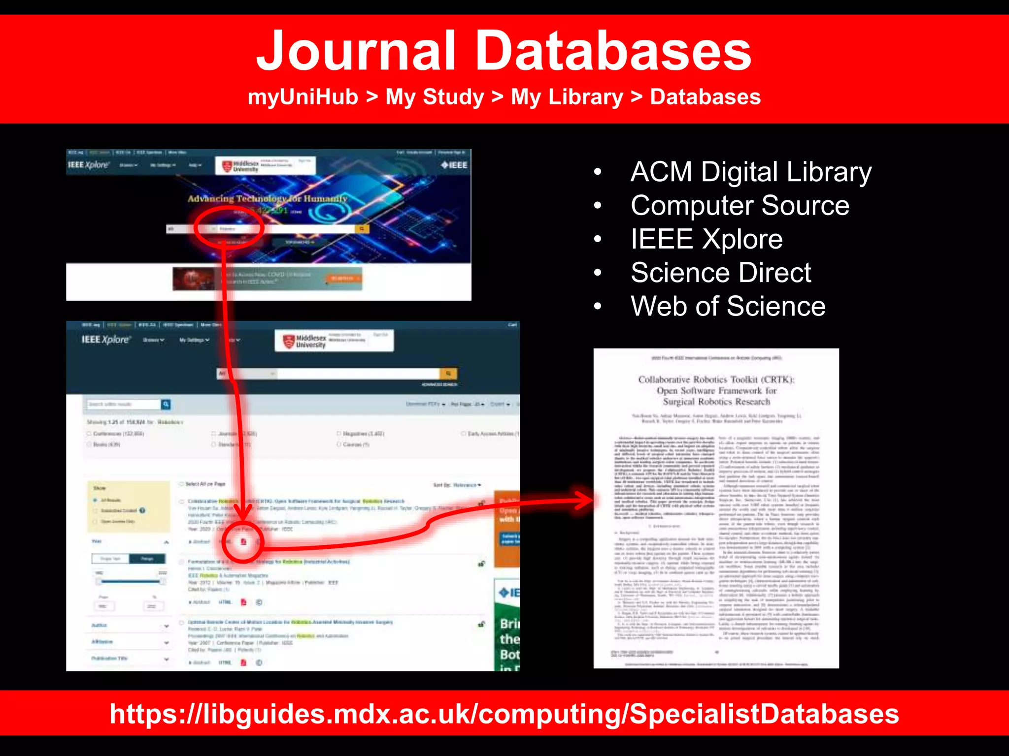 Journal Databases
myUniHub > My Study > My Library > Databases
https://libguides.mdx.ac.uk/computing/SpecialistDatabases
• ACM Digital Library
• Computer Source
• IEEE Xplore
• Science Direct
• Web of Science
 