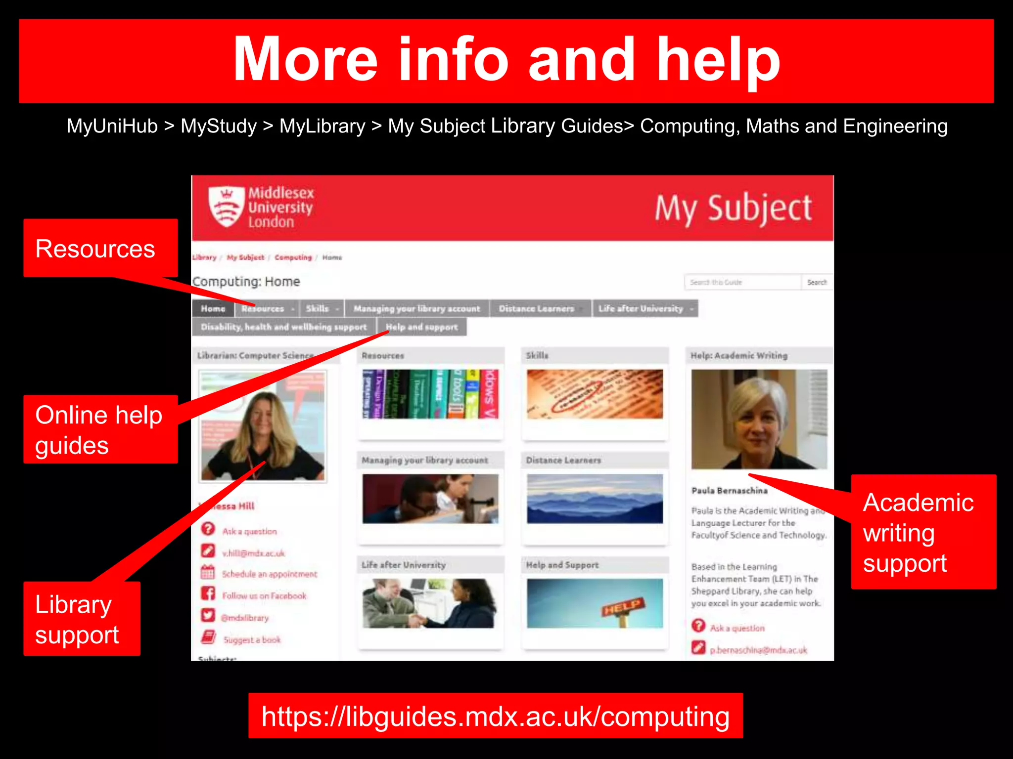More info and help
MyUniHub > MyStudy > MyLibrary > My Subject Library Guides> Computing, Maths and Engineering
https://libguides.mdx.ac.uk/computing
Online help
guides
Academic
writing
support
Library
support
Resources
 