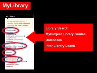 MyLibrary
Library Search
MySubject Library Guides
Databases
Inter Library Loans
 