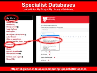 https://libguides.mdx.ac.uk/computing/SpecialistDatabases
Specialist Databases
myUniHub > My Study > My Library > Databases
 