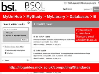 MyUniHub > MyStudy > MyLibrary > Databases > B
http://libguides.mdx.ac.uk/computing/Standards
If you require
access to a
Standard email
v.hill@mdx.ac.uk
 