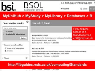 MyUniHub > MyStudy > MyLibrary > Databases > B
http://libguides.mdx.ac.uk/computing/Standards
If you require
access to a
S...