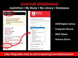 Journal databases
myUniHub > My Study > My Library > Databases
http://libguides.mdx.ac.uk/computing/JournalDatabases
• ACM...