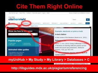 Cite Them Right Online
myUniHub > My Study > My Library > Databases > C
http://libguides.mdx.ac.uk/plagiarismreferencing
 