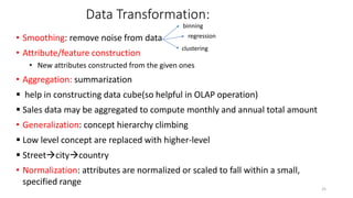 Data Transformation:
• Smoothing: remove noise from data
• Attribute/feature construction
• New attributes constructed from the given ones
• Aggregation: summarization
 help in constructing data cube(so helpful in OLAP operation)
 Sales data may be aggregated to compute monthly and annual total amount
• Generalization: concept hierarchy climbing
 Low level concept are replaced with higher-level
 Streetcitycountry
• Normalization: attributes are normalized or scaled to fall within a small,
specified range
25
binning
regression
clustering
 