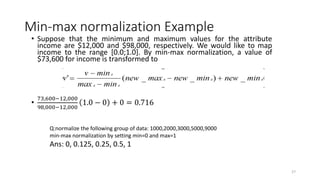 Min-max normalization Example
• Suppose that the minimum and maximum values for the attribute
income are $12,000 and $98,000, respectively. We would like to map
income to the range [0.0;1.0]. By min-max normalization, a value of
$73,600 for income is transformed to
•
73,600−12,000
98,000−12,000
1.0 − 0 + 0 = 0.716
27
Q:normalize the following group of data: 1000,2000,3000,5000,9000
min-max normalization by setting min=0 and max=1
Ans: 0, 0.125, 0.25, 0.5, 1
 