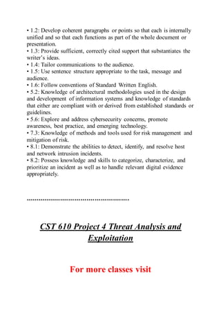 • 1.2: Develop coherent paragraphs or points so that each is internally
unified and so that each functions as part of the whole document or
presentation.
• 1.3: Provide sufficient, correctly cited support that substantiates the
writer’s ideas.
• 1.4: Tailor communications to the audience.
• 1.5: Use sentence structure appropriate to the task, message and
audience.
• 1.6: Follow conventions of Standard Written English.
• 5.2: Knowledge of architectural methodologies used in the design
and development of information systems and knowledge of standards
that either are compliant with or derived from established standards or
guidelines.
• 5.6: Explore and address cybersecurity concerns, promote
awareness, best practice, and emerging technology.
• 7.3: Knowledge of methods and tools used for risk management and
mitigation of risk.
• 8.1: Demonstrate the abilities to detect, identify, and resolve host
and network intrusion incidents.
• 8.2: Possess knowledge and skills to categorize, characterize, and
prioritize an incident as well as to handle relevant digital evidence
appropriately.
***************************************************
CST 610 Project 4 Threat Analysis and
Exploitation
For more classes visit
 
