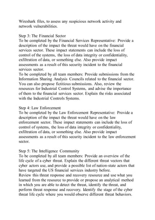 Wireshark files, to assess any suspicious network activity and
network vulnerabilities.
Step 3: The Financial Sector
To be completed by the Financial Services Representative: Provide a
description of the impact the threat would have on the financial
services sector. These impact statements can include the loss of
control of the systems, the loss of data integrity or confidentiality,
exfiltration of data, or something else. Also provide impact
assessments as a result of this security incident to the financial
services sector.
To be completed by all team members: Provide submissions from the
Information Sharing Analysis Councils related to the financial sector.
You can also propose fictitious submissions. Also, review the
resources for Industrial Control Systems, and advise the importance
of them to the financial services sector. Explain the risks associated
with the Industrial Controls Systems.
Step 4: Law Enforcement
To be completed by the Law Enforcement Representative: Provide a
description of the impact the threat would have on the law
enforcement sector. These impact statements can include the loss of
control of systems, the loss of data integrity or confidentiality,
exfiltration of data, or something else. Also provide impact
assessments as a result of this security incident to the law enforcement
sector.
Step 5: The Intelligence Community
To be completed by all team members: Provide an overview of the
life cycle of a cyber threat. Explain the different threat vectors that
cyber actors use, and provide a possible list of nation-state actors that
have targeted the US financial services industry before.
Review this threat response and recovery resource and use what you
learned from the resource to provide or propose an analytical method
in which you are able to detect the threat, identify the threat, and
perform threat response and recovery. Identify the stage of the cyber
threat life cycle where you would observe different threat behaviors.
 