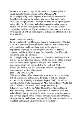 Include ways to defend against the threat, and protect against the
threat. Provide this information in the SAR and AAR.
To be completed by the Intelligence Community Representative:
Provide intelligence on the nation-state actor, their cyber tools,
techniques, and procedures. Leverage available threat reporting such
as from FireEye, Mandiant, and other companies and government
entities that provide intelligence reports. Also include the social
engineering methods used by the nation-state actor and their reasons
for attacking US critical infrastructure. Include this information in the
SAR and AAR.
Step 6: Homeland Security
To be completed by the Homeland Security Representative: Use the
US-CERT and other similar resources to discuss the vulnerabilities
and exploits that might have been used by the attackers.
Explore the resources for risk mitigation and provide the risk,
response, and risk mitigation steps that should be taken if an entity
suffers the same type of attack.
To be completed by all team members: Provide a risk-threat matrix
and provide a current state snapshot of the risk profile of the financial
services sector. These reports will be part of an overall risk
assessment, which will be included in the SAR and AAR.
Review and refer to this risk assessment resource to aid you in
developing this section of the report.
Step 7: The SAR and AAR
All team members: After you compile your research, and your own
critical assessments and analysis, determine which information is
appropriate for a Security Assessment Report (SAR) that will be
submitted to the White House, and an After Action Report (AAR) that
will be submitted to the rest of the analyst community.
1. Prepare your SAR for the White House Cyber National Security
Staff, describing the threat, the motivations of the threat actor, the
vulnerabilities that are possible for the threat actor to exploit, current
and expected impact on US financial services critical infrastructure,
the path forward to eliminate or reduce the risks, and the actions taken
to defend and prevent against this threat in the future.
 