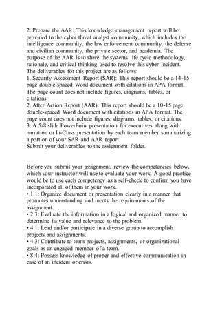 2. Prepare the AAR. This knowledge management report will be
provided to the cyber threat analyst community, which includes the
intelligence community, the law enforcement community, the defense
and civilian community, the private sector, and academia. The
purpose of the AAR is to share the systems life cycle methodology,
rationale, and critical thinking used to resolve this cyber incident.
The deliverables for this project are as follows:
1. Security Assessment Report (SAR): This report should be a 14-15
page double-spaced Word document with citations in APA format.
The page count does not include figures, diagrams, tables, or
citations.
2. After Action Report (AAR): This report should be a 10-15 page
double-spaced Word document with citations in APA format. The
page count does not include figures, diagrams, tables, or citations.
3. A 5-8 slide PowerPoint presentation for executives along with
narration or In-Class presentation by each team member summarizing
a portion of your SAR and AAR report.
Submit your deliverables to the assignment folder.
Before you submit your assignment, review the competencies below,
which your instructor will use to evaluate your work. A good practice
would be to use each competency as a self-check to confirm you have
incorporated all of them in your work.
• 1.1: Organize document or presentation clearly in a manner that
promotes understanding and meets the requirements of the
assignment.
• 2.3: Evaluate the information in a logical and organized manner to
determine its value and relevance to the problem.
• 4.1: Lead and/or participate in a diverse group to accomplish
projects and assignments.
• 4.3: Contribute to team projects, assignments, or organizational
goals as an engaged member of a team.
• 8.4: Possess knowledge of proper and effective communication in
case of an incident or crisis.
 
