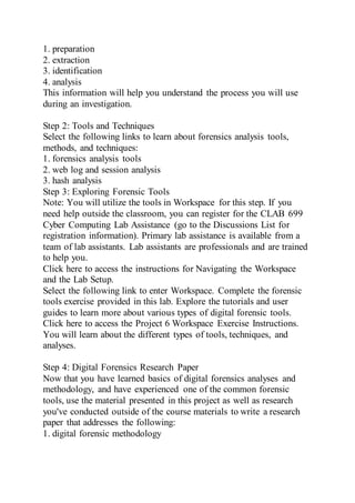 1. preparation
2. extraction
3. identification
4. analysis
This information will help you understand the process you will use
during an investigation.
Step 2: Tools and Techniques
Select the following links to learn about forensics analysis tools,
methods, and techniques:
1. forensics analysis tools
2. web log and session analysis
3. hash analysis
Step 3: Exploring Forensic Tools
Note: You will utilize the tools in Workspace for this step. If you
need help outside the classroom, you can register for the CLAB 699
Cyber Computing Lab Assistance (go to the Discussions List for
registration information). Primary lab assistance is available from a
team of lab assistants. Lab assistants are professionals and are trained
to help you.
Click here to access the instructions for Navigating the Workspace
and the Lab Setup.
Select the following link to enter Workspace. Complete the forensic
tools exercise provided in this lab. Explore the tutorials and user
guides to learn more about various types of digital forensic tools.
Click here to access the Project 6 Workspace Exercise Instructions.
You will learn about the different types of tools, techniques, and
analyses.
Step 4: Digital Forensics Research Paper
Now that you have learned basics of digital forensics analyses and
methodology, and have experienced one of the common forensic
tools, use the material presented in this project as well as research
you've conducted outside of the course materials to write a research
paper that addresses the following:
1. digital forensic methodology
 