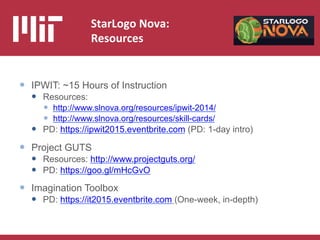 StarLogo	
  Nova:	
  
Resources	
  
  IPWIT: ~15 Hours of Instruction
  Resources:
  http://www.slnova.org/resources...