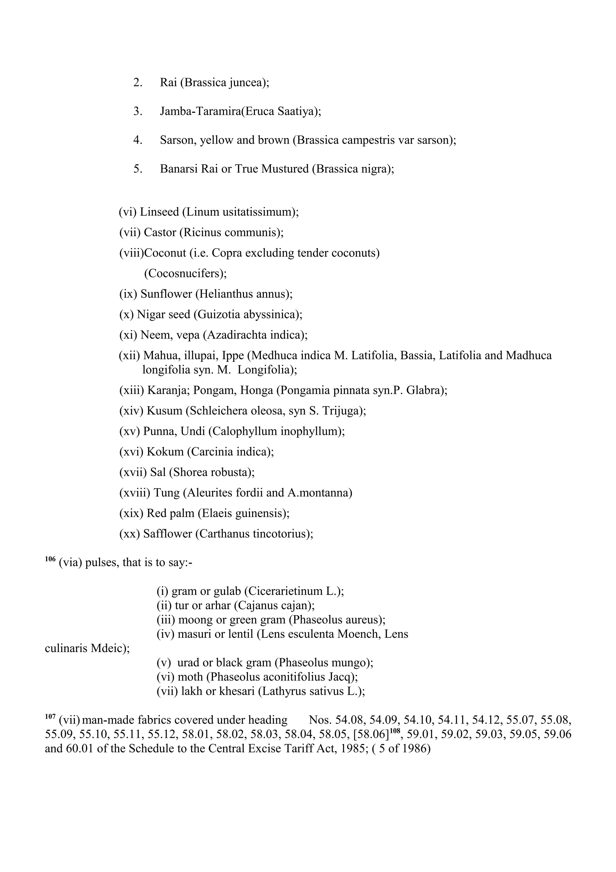 2. Rai (Brassica juncea);
3. Jamba-Taramira(Eruca Saatiya);
4. Sarson, yellow and brown (Brassica campestris var sarson);
5. Banarsi Rai or True Mustured (Brassica nigra);
(vi) Linseed (Linum usitatissimum);
(vii) Castor (Ricinus communis);
(viii)Coconut (i.e. Copra excluding tender coconuts)
(Cocosnucifers);
(ix) Sunflower (Helianthus annus);
(x) Nigar seed (Guizotia abyssinica);
(xi) Neem, vepa (Azadirachta indica);
(xii) Mahua, illupai, Ippe (Medhuca indica M. Latifolia, Bassia, Latifolia and Madhuca
longifolia syn. M. Longifolia);
(xiii) Karanja; Pongam, Honga (Pongamia pinnata syn.P. Glabra);
(xiv) Kusum (Schleichera oleosa, syn S. Trijuga);
(xv) Punna, Undi (Calophyllum inophyllum);
(xvi) Kokum (Carcinia indica);
(xvii) Sal (Shorea robusta);
(xviii) Tung (Aleurites fordii and A.montanna)
(xix) Red palm (Elaeis guinensis);
(xx) Safflower (Carthanus tincotorius);
106
(via) pulses, that is to say:-
(i) gram or gulab (Cicerarietinum L.);
(ii) tur or arhar (Cajanus cajan);
(iii) moong or green gram (Phaseolus aureus);
(iv) masuri or lentil (Lens esculenta Moench, Lens
culinaris Mdeic);
(v) urad or black gram (Phaseolus mungo);
(vi) moth (Phaseolus aconitifolius Jacq);
(vii) lakh or khesari (Lathyrus sativus L.);
107
(vii) man-made fabrics covered under heading Nos. 54.08, 54.09, 54.10, 54.11, 54.12, 55.07, 55.08,
55.09, 55.10, 55.11, 55.12, 58.01, 58.02, 58.03, 58.04, 58.05, [58.06]108
, 59.01, 59.02, 59.03, 59.05, 59.06
and 60.01 of the Schedule to the Central Excise Tariff Act, 1985; ( 5 of 1986)
 