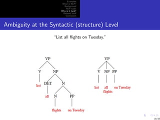 Examples
                        What is NLP?
                         Background
                           NLP tasks
                       Why is it hard?
                        Related Stuﬀ
                          Conclusion



Ambiguity at the Syntactic (structure) Level
                   “List all ﬂights on Tuesday.”




                                                   20/25
 