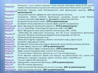 <assert.h>
Оношлогч, assert macro-г агуулна, логик алдааг шалгахад хэрэглэх ба алдаа
гарвал оношилгооны мэдээллийг хэвлээд програмын биелэлтийг дуусгана.
<complex.h>
Комплекс тоонууд дээр боловсруулалт хийх функцуудыг агуулна. (C99-р
шинэчлэгдсэн)
<ctype.h> Тэмдэгтийг шалгах, хөрвүүлэх зэрэг функцуудыг агуулна.
<errno.h>
Алдаанууд. Зарим сангийн функцуудыг дуудахад алдаа илэрч байгаа
эсэхийг шалгахыг зөвшөөрөх эс зөвшөөрөх макрогоор хангана
<fenv.h> Бутархай тооны орчинг хянах. (C99-р шинэчлэгдсэн)
<float.h> Бутархай тооны нарийвчлал мужлал төрөл зэргийг тодорхойлох.
<inttypes.h> Бүхэл төрлүүдийн хоорондох хувиргалт. (C99-р шинэчлэгдсэн)
<iso646.h> ISO 646 хувилбарт тэмдэгтүүдтэй ажиллах. (New with NA1)
<limits.h> Бүхэл төрлүүдийн дээд доод заагийн тогтмолууд(_MIN, _MAX).
<locale.h>
Setlocale() ба харгалзах тогтмолууд. Хэл ба улсыг тодорхойлох функцаар
хангана. Windows програмын Regional and Language тай төстэй
<math.h> Математикийн функцуудын сан
<setjmp.h> setjmp ба longjmp макронууд байна. non-local-н хувьд хэрэглэгдэх
<signal.h> exception нөхцлүүдийг хянах
<stdarg.h> Янз бүрийн тооны аргумент бүхий функцийг ашиглах боломжоор хангана.
<stdbool.h> Булийн төрөлд зориулсан. (C99-р шинэчлэгдсэн)
<stdint.h> Янз бүрийн бүхэл төрөл тодорхойлоход. (C99-р шинэчлэгдсэн)
<stddef.h> Төрөл макро тодорхойлоход, нийтлэг тогтмолууд
<stdio.h> C хэлний оролт гаралтын. Жишээ нь printf гэх мэт функцууд.
<stdlib.h>
Олон төрлийн зориулалт бүхий сан жишээ нь:санамсаргүй тоо, санах ойн
хувиарлалт, процесс удирдах, орчин, сигналь, хайлт, эрэмбэлэлт.
<string.h> Тэмдэгт мөрийг боловсруулах.
<tgmath.h> type-generic математик функцууд. (C99-р шинэчлэгдсэн)
<time.h> Цаг ба огнооны функцууд.
<wchar.h> wide тэмдэгтийг боловсруулах нэмэлт хэлнүүд. (NA1-р шинэчлэгдсэн)
<wctype.h> wide тэмдэгтийн ангилал. (NA1-р шинэчлэгдсэн)
 