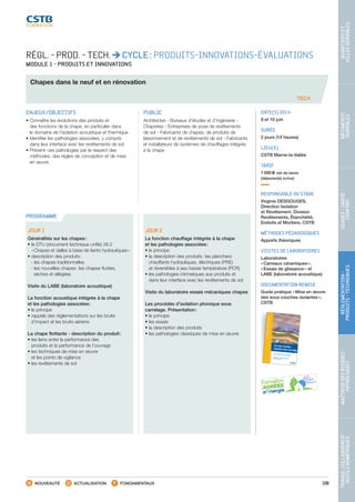 109
TRAVAILCOLLABORATIF- 
OUTILSNUMÉRIQUES
MAÎTRISEDESRISQUES– 
PATHOLOGIES
RÉGLEMENTATION- 
PRODUITS-TECHNIQUES
USAGES-SANTÉ- 
CONFORT
BÂTIMENTS 
DURABLES
QUARTIERSET 
VILLESDURABLES
NOUVEAUTÉ ACTUALISATION FONDAMENTAUX
PROGRAMME
RÉGL. - PROD. - TECH. CYCLE : PRODUITS-INNOVATIONS-ÉVALUATIONS
MODULE 1 - PRODUITS ET INNOVATIONS
Chapes dans le neuf et en rénovation
TEC4
ENJEUX/OBJECTIFS
• Connaître les évolutions des produits et
des fonctions de la chape, en particulier dans
le domaine de l’isolation acoustique et thermique
• Identifier les pathologies associées, y compris
dans leur interface avec les revêtements de sol
• Prévenir ces pathologies par le respect des
méthodes, des règles de conception et de mise
en œuvre
PUBLIC
Architectes - Bureaux d’études et d’ingénierie -
Chapistes - Entreprises de pose de revêtements
de sol - Fabricants de chapes, de produits de
liaisonnement et de revêtements de sol - Fabricants
et installateurs de systèmes de chauffages intégrés
à la chape
DATE(S) 2014
9 et 10 juin
DURÉE
2 jours (14 heures)
LIEU(X)
CSTB Marne-la-Vallée
TARIF
1 090 € net de taxes
(déjeuner(s) inclus)
RESPONSABLE DU STAGE
Virginie DESGOUGES,
Direction Isolation
et Revêtement, Division
Revêtements, Étanchéité,
Enduits et Mortiers, CSTB
MÉTHODES PÉDAGOGIQUES
Apports théoriques
VISITES DE LABORATOIRES
Laboratoires
« Carreaux céramiques »,
« Essais de glissance » et
LABE (laboratoire acoustique)
DOCUMENTATION REMISE
Guide pratique « Mise en œuvre
des sous couches isolantes »,
CSTB
JOUR 1
Généralités sur les chapes :
• le DTU (document technique unifié) 26.2
« Chapes et dalles à base de liants hydrauliques »
• description des produits :
 - les chapes traditionnelles
 - les nouvelles chapes : les chapes fluides,
 sèches et allégées
Visite du LABE (laboratoire acoustique)
La fonction acoustique intégrée à la chape
et les pathologies associées :
• le principe
• rappels des réglementations sur les bruits
d’impact et les bruits aériens
La chape flottante - description du produit :
• les liens entre la performance des
produits et la performance de l’ouvrage
• les techniques de mise en œuvre
et les points de vigilance
• les revêtements de sol
JOUR 2
La fonction chauffage intégrée à la chape
et les pathologies associées :
• le principe
• la description des produits : les planchers
chauffants hydrauliques, électriques (PRE)
et réversibles à eau basse température (PCR)
• les pathologies intrinsèques aux produits et
dans leur interface avec les revêtements de sol
Visite du laboratoire essais mécaniques chapes
Les procédés d’isolation phonique sous
carrelage. Présentation :
• le principe
• les essais
• la description des produits
• les pathologies classiques de mise en œuvre
Lessous-couchesisolantessouscarrelage
Les sous-couches
isolantes sous carrelage
 Mise en œuvre sous chape ou dalle ﬂottanteset sous carrelage en pose collée et pose scellée
En application des normes DTU 26.2/52.1,NF DTU 26.2 et DTU 52.1
GUIDEPRATIQUE
Les sous-couches isolantes sous carrelageMise en œuvre sous chape ou dalle ﬂottantes etsous carrelage en pose collée et pose scelléeAvec la collection Guide Pratique, le CSTB offre aux professionnels du bâtiment une lecture plus facile
des règles techniques de construction. Recueils de détails d’exécution présentant un large éventail de
situations possibles de mise en œuvre, ces guides ne remplacent pas les textes de référence, qu’ils
soient réglementaires (lois, décrets, arrêtés…), normatifs (normes, DTU ou règles de calcul) ou codiﬁ-
catifs (Avis Techniques et CPT associés…) mais en constituent un complément indispensable.La mise en œuvre de sous-couches isolantes est essentielle pour améliorer les performances acous-
tiques et thermiques d’un ouvrage. Entre la sous-couche et le carrelage peuvent être mis en œuvre
soit une chape en mortier ou une dalle en béton, soit un mortier de scellement.
Dans le Guide Pratique « Les sous-couches isolantes sous carrelage », toutes les étapes de mise en
œuvre sont détaillées :
- Comment réceptionner le support ? (tolérances du support, présence de canalisations…) ?
- Comment préparer le support ?- Faut-il interposer un ﬁlm ?- Quels sont les critères de choix des sous-couches ?- Quels sont les points clés de la mise en œuvre de la chape, de la dalle ou du mortier
de scellement ?
- Comment réaliser les joints ?- Quelles sont les tolérances de l’ouvrage ?- Quels délais de mise en service sont à respecter ?- Comment traiter les plinthes et les cloisons ?C’est en s’appuyant sur les DTU 26.2, 52.1 et 26.2/52.1, la partie commune au DTU 26.2 et au DTU 52.1
que le Guide Pratique apporte la réponse à toutes ces questions. Il prend déjà en compte les dispo-
sitions du NF DTU 52.1, édition 2010.Ce guide réalisé par l’Union Nationale des Entrepreneurs Céramistes du Bâtiment (UNECB-FFB) avec
la collaboration du département Enveloppe et Revêtements du CSTB intéressera tous les profession-
nels du carrelage (entreprise, maître d’ouvrage, architecte, bureau de contrôle, etc.).
SIÈGE SOCIAL
84, AVENUE JEAN JAURÈS | CHAMPS-SUR-MARNE | 77447 MARNE-LA-VALLÉE CEDEX 2
T É L . ( 3 3 ) 0 1 6 4 6 8 8 2 8 2 | FA X ( 3 3 ) 0 1 6 0 0 5 70 3 7 | w w w. c s t b . f r
G02-40
ISBN978-2-86891-478
-1
G02-40 - Couv GP Sous couche carrelage.indd
1
11/09/12 10:37
CSTB_CatalogueFormation_2014_p78-144.indd 109 19/11/13 14:59
 