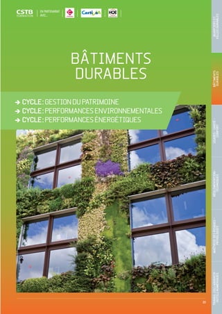 23
BÂTIMENTS
DURABLES
CYCLE :GESTIONDUPATRIMOINE
CYCLE :PERFORMANCESENVIRONNEMENTALES
CYCLE :PERFORMANCESÉNERGÉTIQUES
TRAVAILCOLLABORATIF-
OUTILSNUMÉRIQUES
MAÎTRISEDESRISQUES–
PATHOLOGIES
RÉGLEMENTATION-
TECHNIQUES
USAGES-SANTÉ-
CONFORT
BÂTIMENTS
DURABLES
QUARTIERSET
VILLESDURABLES
EN PARTENARIAT
AVEC…
CSTB_CatalogueFormation_2014_p16-77.indd 23 19/11/13 13:02
 