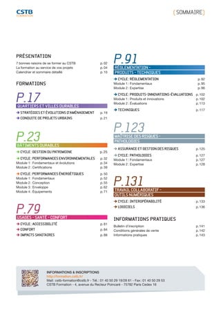 [ SOMMAIRE]
INFORMATIONS & INSCRIPTIONS
http://formation.cstb.fr/
Mail : cstb-formation@cstb.fr - Tél. : 01 40 50 29 19/28 61 - Fax : 01 40 50 29 53
CSTB Formation - 4, avenue du Recteur Poincaré - 75782 Paris Cedex 16
PRÉSENTATION
7 bonnes raisons de se former au CSTB p. 02
La formation au service de vos projets p. 04
Calendrier et sommaire détaillé p. 10
FORMATIONS
QUARTIERS ET VILLES DURABLES
 STRATÉGIES ET ÉVOLUTIONS D’AMÉNAGEMENT p. 19
 CONDUITE DE PROJETS URBAINS p. 21
P.17
BÂTIMENTS DURABLES
 CYCLE : GESTION DU PATRIMOINE p. 25
 CYCLE : PERFORMANCES ENVIRONNEMENTALES p. 32
Module 1 : Fondamentaux et évolutions p. 34
Module 2 : Certifications	  p. 39
 CYCLE : PERFORMANCES ÉNERGÉTIQUES p. 50
Module 1 : Fondamentaux p. 52
Module 2 : Conception	  p. 55
Module 3 : Enveloppe	  p. 62
Module 4 : Équipements	  p. 71
P.23
RÉGLEMENTATION -
PRODUITS - TECHNIQUES
 CYCLE : RÉGLEMENTATION p. 92
Module 1 : Fondamentaux p. 95
Module 2 : Expertise p. 96
 CYCLE : PRODUITS-INNOVATIONS-ÉVALUATIONS p. 102
Module 1 : Produits et innovations p. 102
Module 2 : Évaluations p. 113
 TECHNIQUES p. 117
P.91
MAÎTRISE DES RISQUES -
PATHOLOGIES
 ASSURANCE ET GESTION DES RISQUES p. 125
 CYCLE : PATHOLOGIES p. 127
Module 1 : Fondamentaux p. 127
Module 2 : Expertise p. 128
P.123
TRAVAIL COLLABORATIF -
OUTILS NUMÉRIQUES
 CYCLE : INTEROPÉRABILITÉ p. 133
 LOGICIELS p. 136
P.131
USAGES - SANTÉ - CONFORT
 CYCLE : ACCESSIBILITÉ p. 81
 CONFORT p. 84
 IMPACTS SANITAIRES p. 88
P.79
INFORMATIONS PRATIQUES
Bulletin d’inscription p. 141
Conditions générales de vente p. 142
Informations pratiques p. 143
CSTB_CatalogueFormation_2014_p01-15.indd 1 19/11/13 13:01
 