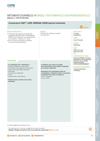 41
TRAVAILCOLLABORATIF-
OUTILSNUMÉRIQUES
MAÎTRISEDESRISQUES–
PATHOLOGIES
RÉGLEMENTATION-
PRODUITS-TECHNIQUES
USAGES-SANTÉ-
CONFORT
BÂTIMENTS
DURABLES
QUARTIERSET
VILLESDURABLES
NOUVEAUTÉ ACTUALISATION FONDAMENTAUX
PROGRAMME
ENV47
BÂTIMENTS DURABLES CYCLE : PERFORMANCES ENVIRONNEMENTALES
MODULE 2- CERTIFICATIONS
Comparaison HQETM
, LEED, BREEAM, DGNB (spécial industriels)
ENJEUX/OBJECTIFS
• Comprendre les exigences et process des
principales certifications HQETM
-LEED-BREEAM-
DGNB et leurs interactions, plus spécifiquement
sur les aspects « matériaux » et « santé »
• Être en mesure de répondre aux attentes
du marché et des prescripteurs
PUBLIC
Fabricants de matériaux et produits
de construction
DATE(S) 2014
11 février
9 septembre
DURÉE
1 jour (7 heures)
LIEU(X)
CSTB Paris
TARIF
750 € net de taxes
(déjeuner(s) inclus)
RESPONSABLE DU STAGE
Catherine PARANT, Architecte
spécialisée en Développement
Durable et Haute Qualité
Environnementale,
S’PACE ENVIRONNEMENT
MÉTHODES PÉDAGOGIQUES
• Apports théoriques
• Exemples
Les spécificités des 4 certifications :
• principes / différences / particularités
• structuration des exigences et pondération
• points forts / points faibles / difficultés
• périmètres
• processus de certification
• coûts
• rayonnement à l’international
Positionnement et intérêt d’une double
certification
La définition des niveaux de qualité
environnementale et des critères d’évaluation
pour chaque certification
Déclinaisons de 2 thématiques selon les
4 certifications : méthodes / critères et processus
d’évaluation / les niveaux d’exigences :
• focus « Matériaux »
• focus « Santé »
Pour aller plus loin, nous vous conseillons de suivre la formation :
Réaliser l’Analyse du Cycle de Vie d’un produit de construction (ENV41) - p. 38
Formation également proposée en intra
CSTB_CatalogueFormation_2014_p16-77.indd 41 19/11/13 13:02
 